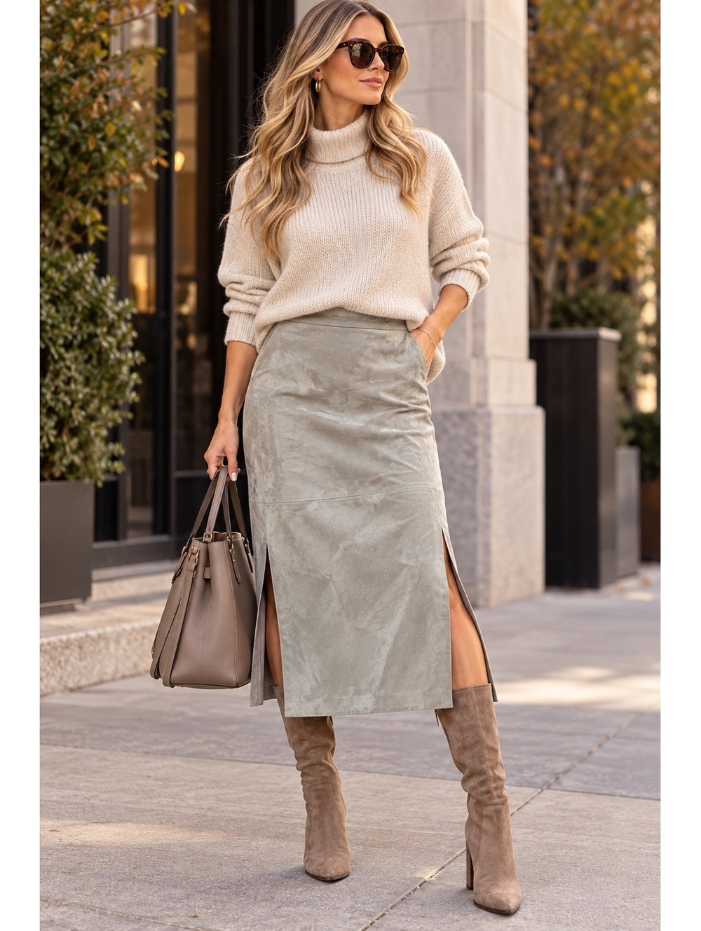 Vintage Danier Sage Grey Suede Midi Skirt Side Slits US 6